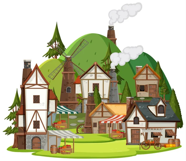 Medieval Village Scene White Background Illustration — Stock Vector