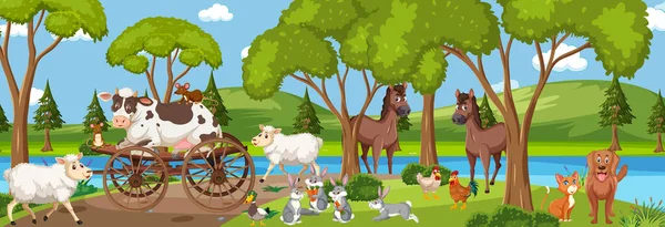 Panorama Paisagem Cena Com Vários Animais Fazenda Ilustração Floresta — Vetor de Stock