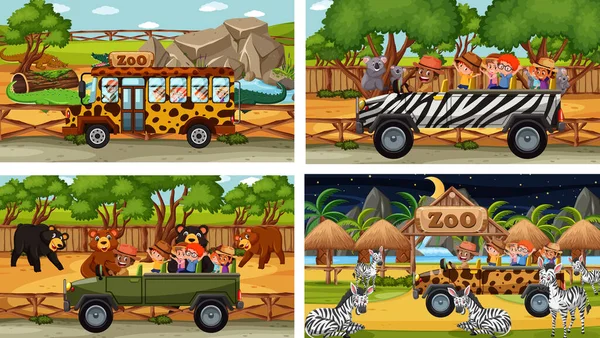 Set Van Verschillende Dieren Safari Scènes Met Kinderen Illustratie — Stockvector