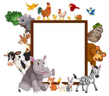 Çeşitli vahşi hayvan resimleriyle dolu boş ahşap çerçeve