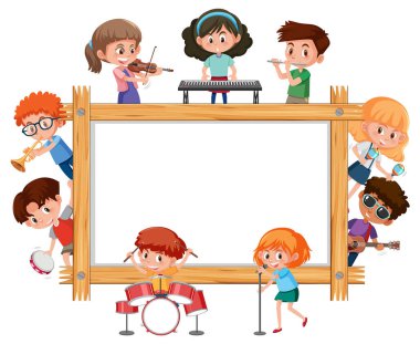 Farklı müzik aletleri resimlerini çalan çocukların olduğu boş ahşap çerçeve