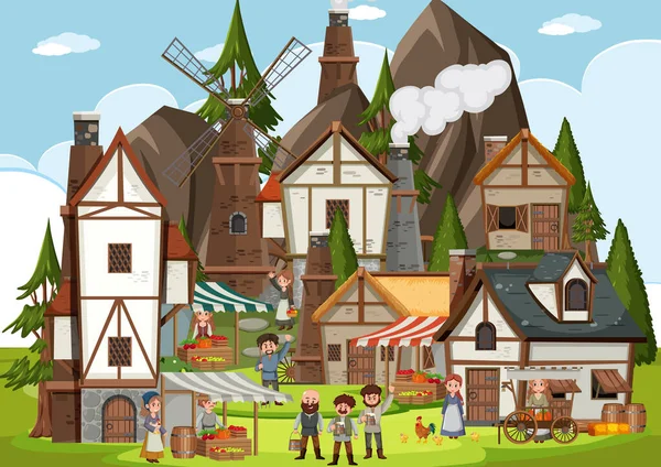 Mittelalterliche Stadtlandschaft Mit Dorfbewohnern — Stockvektor
