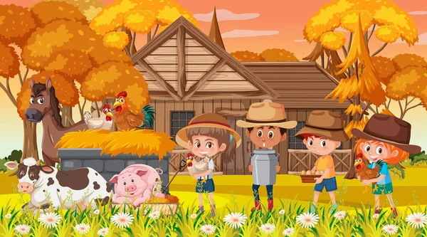 Cena Fazenda Com Muitas Crianças Personagem Desenho Animado Animais Fazenda —  Vetores de Stock