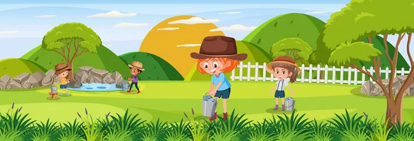 Cena Horizontal Livre Com Crianças Agricultoras Parque Ilustração — Vetor de Stock