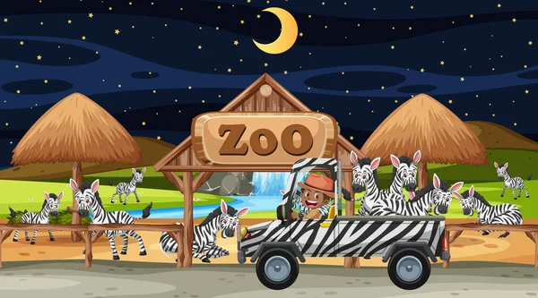 Zebra Groupe Dans Safari Scène Avec Des Enfants Dans Voiture — Image vectorielle