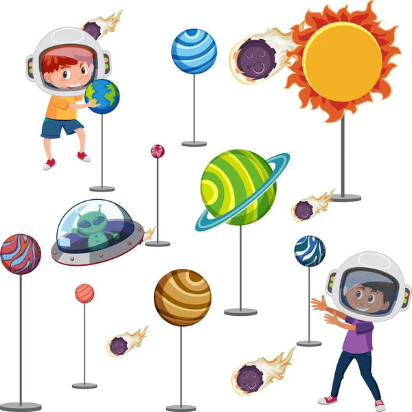 Crianças Aprendendo Ilustração Sistema Solar —  Vetores de Stock