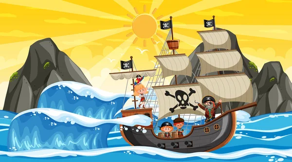 Oceano Com Navio Pirata Pôr Sol Cena Desenho Animado Estilo — Vetor de Stock