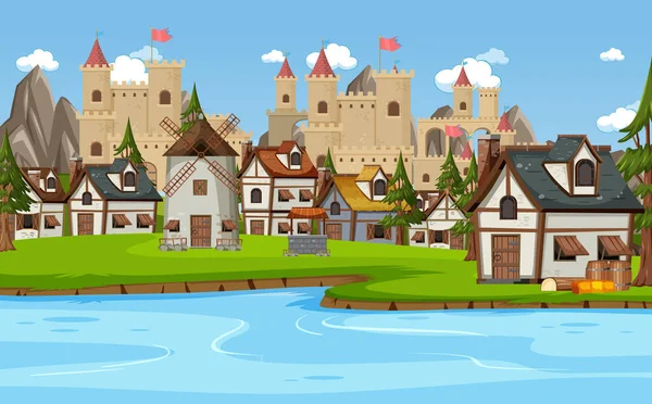 Mittelalterliche Dorfszene Mit Burghintergrund Illustration — Stockvektor