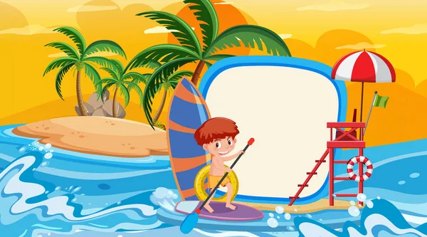 Plantilla Pancarta Vacía Con Niños Vacaciones Playa Ilustración Escena Del — Vector de stock