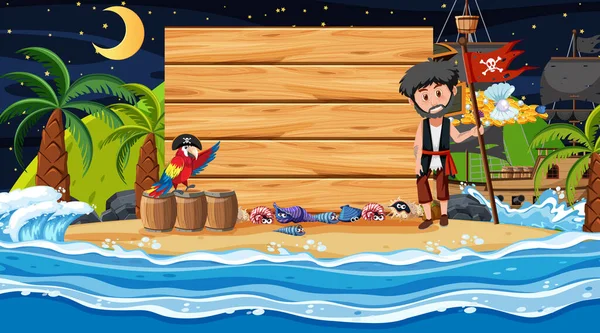Crianças Piratas Cena Noturna Praia Com Uma Ilustração Modelo Banner — Vetor de Stock
