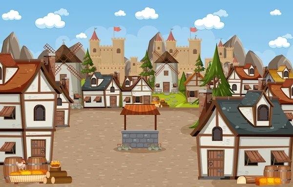 Medieval Town Scene Castle Background Illustration — Stock Vector