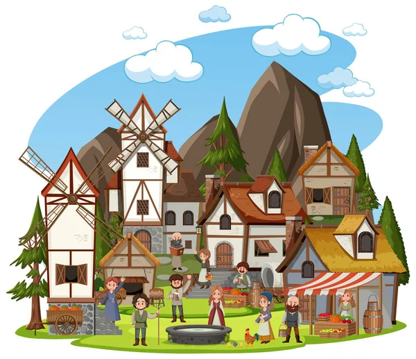 Středověká Vesnice Vesničany Bílém Pozadí Ilustrace — Stockový vektor