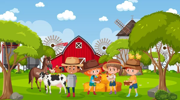 Иллюстрация Фермерской Сцены Большим Количеством Детей Сельскохозяйственных Животных — стоковый вектор