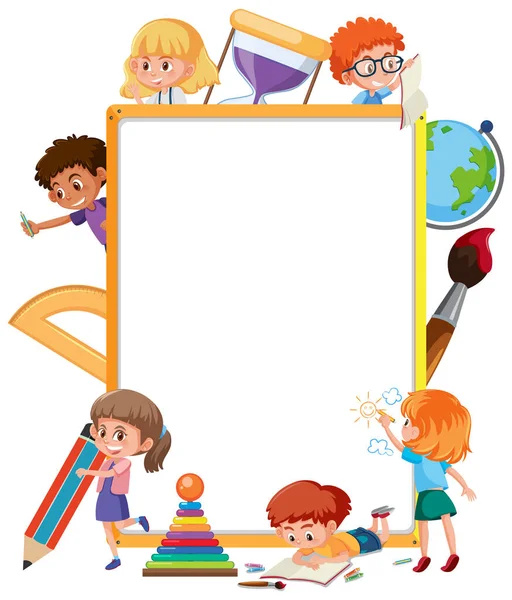 Leere Tafel Mit Vielen Schulkindern Zeichentrickfigur Illustration — Stockvektor