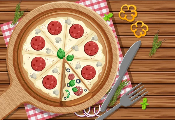 Hel Pizza Med Pepperoni Toppning Bordet Bakgrund Illustration — Stock vektor