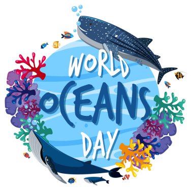 Birçok farklı deniz hayvanı resimli Dünya Okyanus Günü afişi