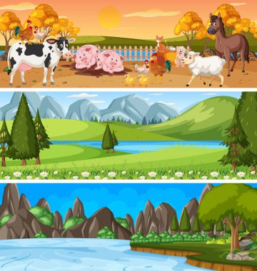 Çizgi film karakteri çizimleri ile açık hava manzara sahnesi