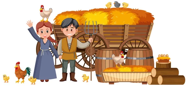 一对中世纪的农民与草堆在购物车插图 — 图库矢量图片