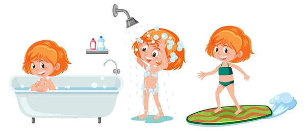 Set Von Verschiedenen Kinder Cartoon Figur Unter Der Dusche Illustration — Stockvektor
