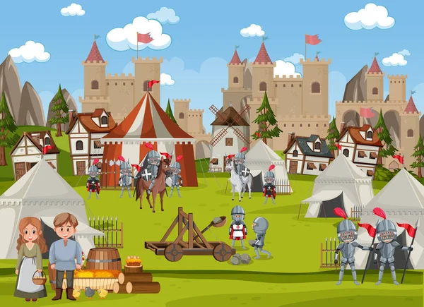 Středověká Městská Scéna Ilustrací Vesničanů — Stockový vektor