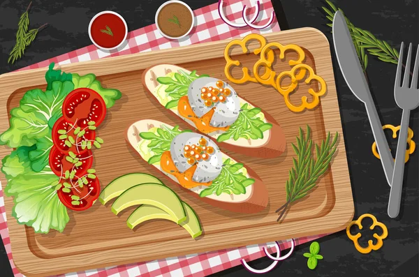 テーブルの上に新鮮な野菜と木製のプレート上のブルスケッタ背景イラスト — ストックベクタ