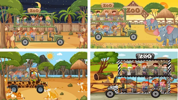 Conjunto Diferentes Animales Escenas Safari Con Ilustración Para Niños — Vector de stock