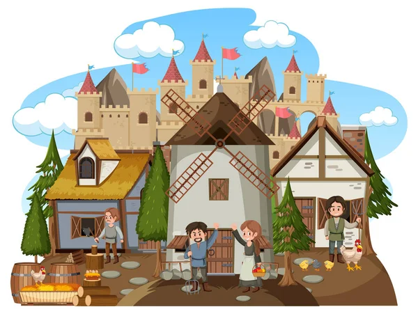 Medieval Village Windmill Villagers Illustration — Stock Vector