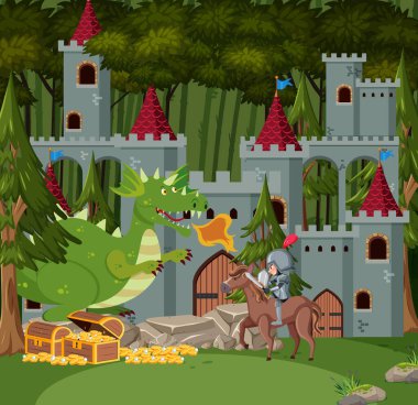 Kale illüstrasyonunun önündeki şövalyeler