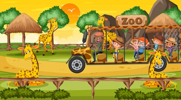 Safari Tramonto Scena Ora Con Molti Bambini Guardando Giraffa Gruppo — Vettoriale Stock