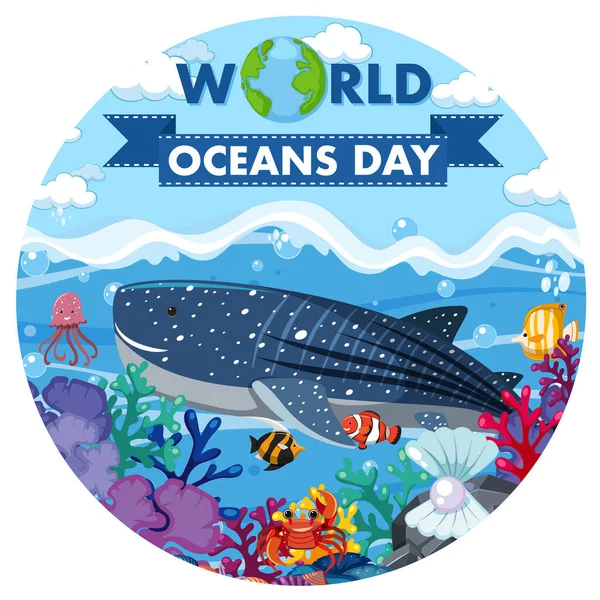 World Ocean Day Banner Many Different Sea Animals Illustration — Stock Vector