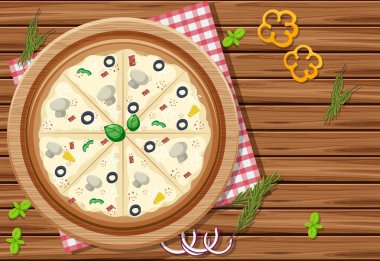 Tahta masa üzerinde pizza ve çeşitli sebze örnekleri.