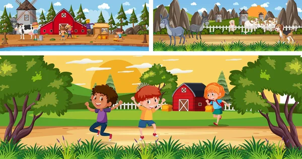 Cenas Paisagem Panorâmica Livre Com Ilustração Personagem Desenhos Animados — Vetor de Stock