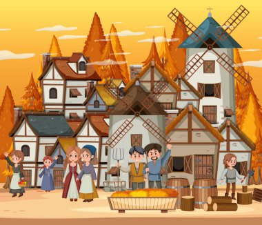 Günbatımında ortaçağ kasabası, köylülerin resimleriyle dolu.