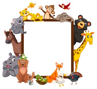 Çeşitli vahşi hayvan resimleriyle dolu boş ahşap çerçeve