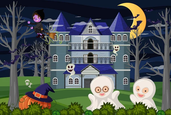 Scen Med Halloween Hemsökt Herrgård Natten Illustration — Stock vektor