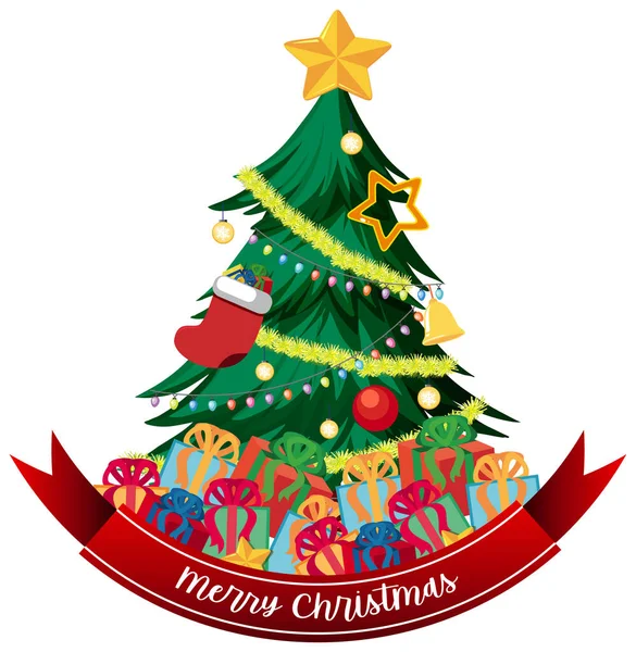 Merry Christmas Text Banner Christmas Tree Decorations Illustration — Stock Vector