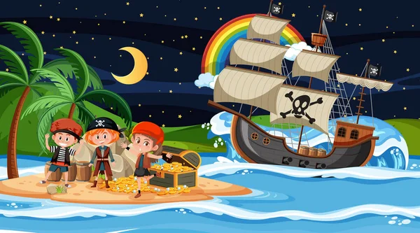 Сцена Острове Сокровищ Ночью Детьми Пиратами Иллюстрации Корабля — стоковый вектор