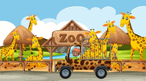 Safari Scene Daytime Giraffe Group Pickup Truck Illustration — Stock Vector