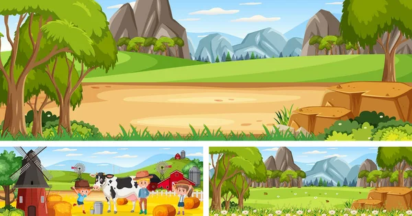 Çizgi film karakteri çizimi olan açık hava panoramik manzara seti