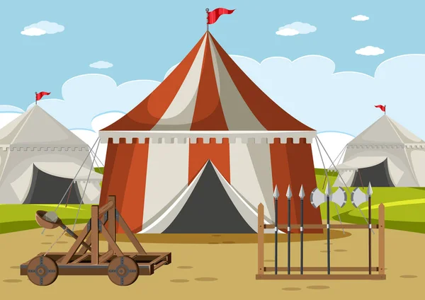 带有帐篷和武器插图的中世纪军营 — 图库矢量图片