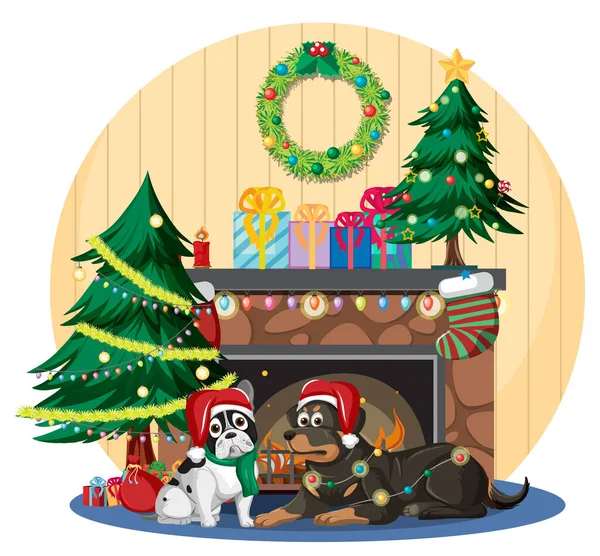 Fireplace Cute Dogs Christmas Decorations Illustration — Stock Vector