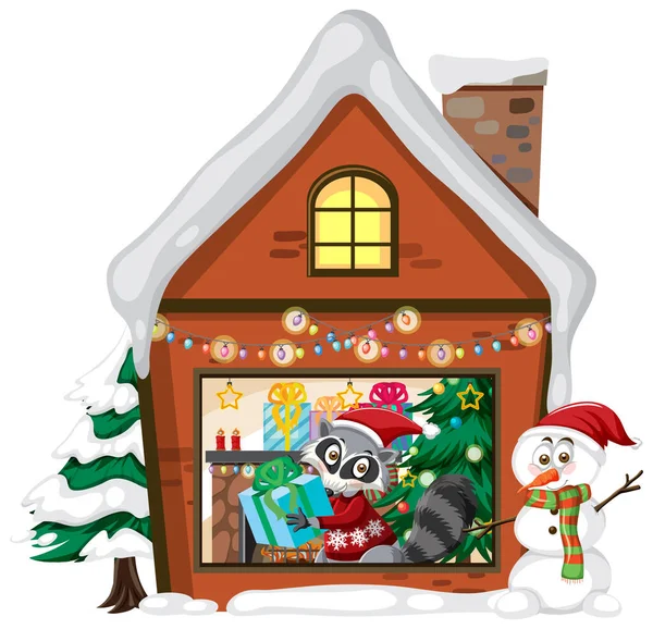 Cute Raccoon Christmas House White Background Illustration — Stock Vector