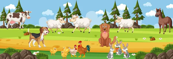 Panorama Paisagem Cena Com Vários Animais Fazenda Ilustração — Vetor de Stock