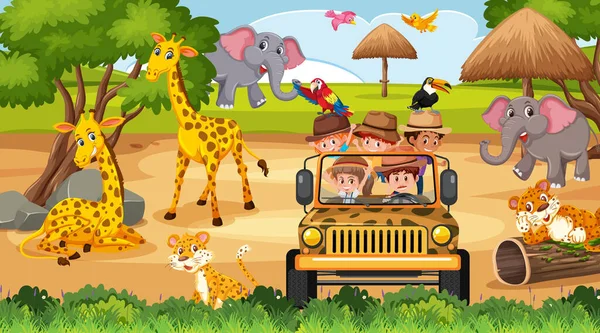 Scène Safari Jour Avec Enfants Touriste Sur Illustration Voiture — Image vectorielle