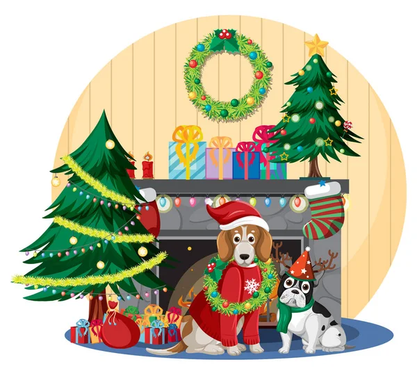 Kamin Mit Niedlichen Hunden Und Weihnachtsdekoration Illustration — Stockvektor