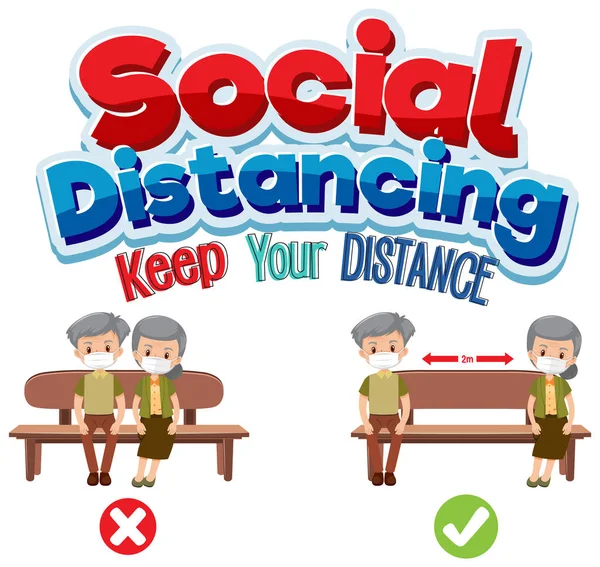 Spanduk Social Distancing Dengan Ilustrasi Karakter Kartun - Stok Vektor