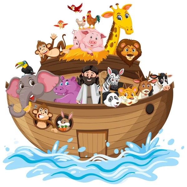 Noah Ark Animals Water Wave Isolated White Background Illustration — Stock Vector