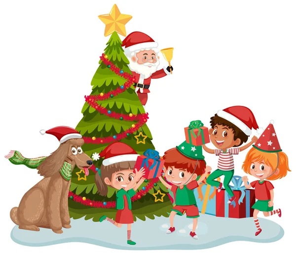 Weihnachtsmann Mit Glücklichen Kindern Und Weihnachtsbaum Illustration — Stockvektor