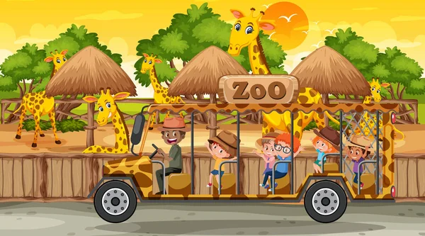 Safari Pôr Sol Cena Tempo Com Muitas Crianças Assistindo Girafa — Vetor de Stock