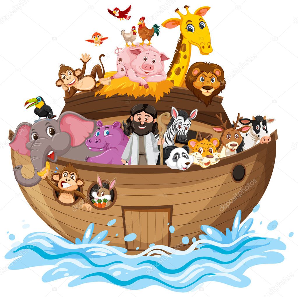 Noah's Ark with Animals on water wave isolated on white background illustration